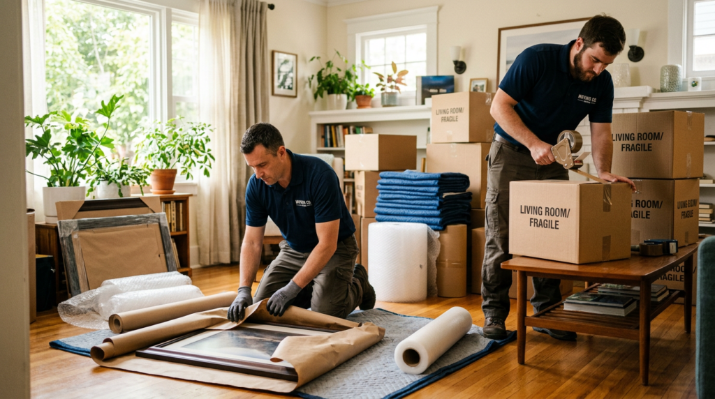Uniformed movers wrapping a framed picture and taping labeled boxes during a home packing service